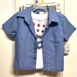 Kidgets Blue Short-Sleeve Button-Down Shirt White Graphic Tee Set Size 18M NWT